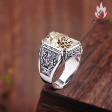 画像6: Antique Jewelry S925 シルバー 光面オリーブブランチ ゴールドカラー貔貅 ヴィンテージ加工 メンズリング (6)