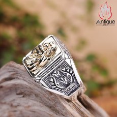 画像7: Antique Jewelry S925 シルバー 光面オリーブブランチ ゴールドカラー貔貅 ヴィンテージ加工 メンズリング (7)