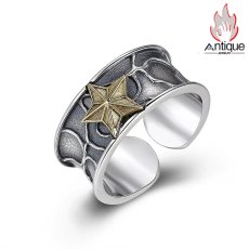 画像1: Antique Jewelry S925 シルバー ゴールドカラー 五芒星リング メンズ オープンリング シンプルヴィンテージ調 (1)