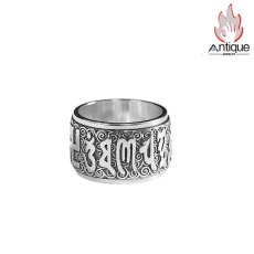 画像1: Antique Jewelry S925 シルバー 六字真言リング メンズ幅広リング 回転可能 個性的ファッションリング (1)