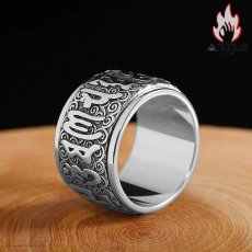 画像2: Antique Jewelry S925 シルバー 六字真言リング メンズ幅広リング 回転可能 個性的ファッションリング (2)