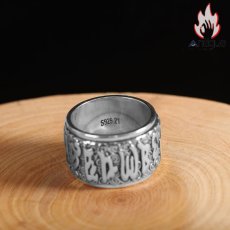 画像4: Antique Jewelry S925 シルバー 六字真言リング メンズ幅広リング 回転可能 個性的ファッションリング (4)