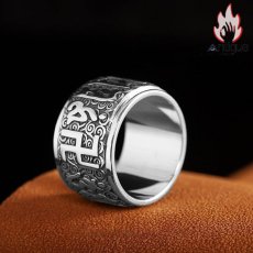 画像5: Antique Jewelry S925 シルバー 六字真言リング メンズ幅広リング 回転可能 個性的ファッションリング (5)