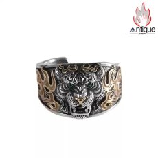 画像1: Antique Jewelry S925 シルバー 精密仕上げ 百獣の王タイガーデザインリング ゴールド焔柄 メンズタイガーヘッドリング (1)