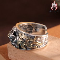 画像5: Antique Jewelry S925 シルバー 精密仕上げ 百獣の王タイガーデザインリング ゴールド焔柄 メンズタイガーヘッドリング (5)