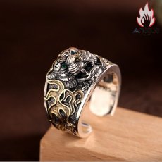 画像6: Antique Jewelry S925 シルバー 精密仕上げ 百獣の王タイガーデザインリング ゴールド焔柄 メンズタイガーヘッドリング (6)