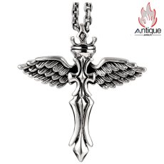 画像1: Antique Jewelry S925 シルバー エンジェルウィング クロス クラウンデザイン 個性的ヴィンテージ ユニセックスペンダントネックレス (1)