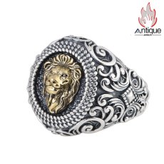 画像1: Antique Jewelry S925 シルバー ゴールドライオンヘッドリング 唐草模様 メンズ ヴィンテージゴシック調 ライオンリング (1)