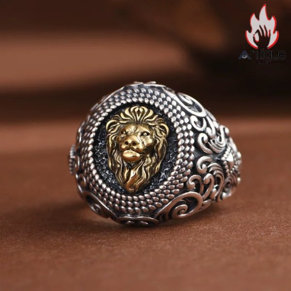 最終ビィンテージ　アンティーク　ライオンリングSilver925 Antique Jewelry S925 シルバー ゴールドライオンヘッドリング 唐草