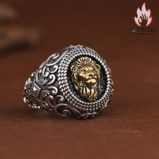 画像3: Antique Jewelry S925 シルバー ゴールドライオンヘッドリング 唐草模様 メンズ ヴィンテージゴシック調 ライオンリング (3)