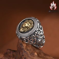 画像4: Antique Jewelry S925 シルバー ゴールドライオンヘッドリング 唐草模様 メンズ ヴィンテージゴシック調 ライオンリング (4)