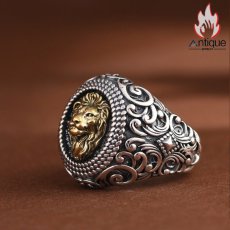 画像6: Antique Jewelry S925 シルバー ゴールドライオンヘッドリング 唐草模様 メンズ ヴィンテージゴシック調 ライオンリング (6)