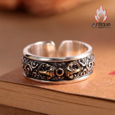 画像4: Antique Jewelry S925 シルバー 精巧なゴールド調金剛杵デザインリング 法器降魔杵 ユニセックス オープンリング (4)