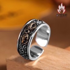 画像5: Antique Jewelry S925 シルバー 精巧なゴールド調金剛杵デザインリング 法器降魔杵 ユニセックス オープンリング (5)