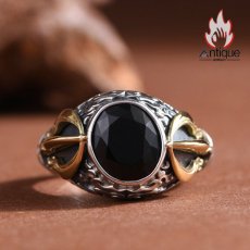画像2: Antique Jewelry S925 シルバー 精巧な金剛杵リング メンズ人差し指リング 降魔杵オニキス ヴィンテージ宮廷風 (2)