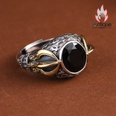 画像4: Antique Jewelry S925 シルバー 精巧な金剛杵リング メンズ人差し指リング 降魔杵オニキス ヴィンテージ宮廷風 (4)