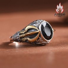 画像8: Antique Jewelry S925 シルバー 精巧な金剛杵リング メンズ人差し指リング 降魔杵オニキス ヴィンテージ宮廷風 (8)