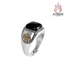 画像1: Antique Jewelry S925 シルバー 精巧な金剛杵・降魔デザイン メンズオープンリング 黒オニキスリング サイズ調整可 (1)