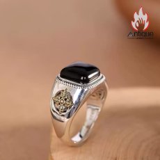 画像3: Antique Jewelry S925 シルバー 精巧な金剛杵・降魔デザイン メンズオープンリング 黒オニキスリング サイズ調整可 (3)