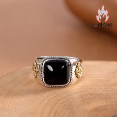 画像4: Antique Jewelry S925 シルバー 精巧な金剛杵・降魔デザイン メンズオープンリング 黒オニキスリング サイズ調整可 (4)