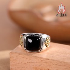 画像5: Antique Jewelry S925 シルバー 精巧な金剛杵・降魔デザイン メンズオープンリング 黒オニキスリング サイズ調整可 (5)