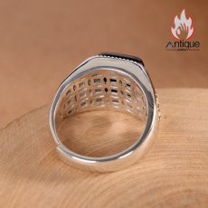 画像7: Antique Jewelry S925 シルバー 精巧な金剛杵・降魔デザイン メンズオープンリング 黒オニキスリング サイズ調整可 (7)