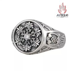 画像1: Antique Jewelry S925 シルバー 精巧メンズオープンリング キュービックジルコニア スノークロス ヴィンテージデザイン (1)