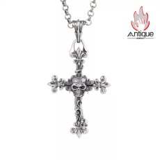 画像1: Antique Jewelry S925 シルバー ドクロクロスペンダントネックレス メンズ アンカー 十字薔薇 パンク調 ヴィンテージ (1)