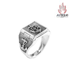 画像1: Antique Jewelry S925 シルバー製 アンカー＆十字薔薇デザイン コンパスモチーフ オープンリング パンク ヴィンテージ (1)