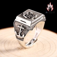 画像2: Antique Jewelry S925 シルバー製 アンカー＆十字薔薇デザイン コンパスモチーフ オープンリング パンク ヴィンテージ (2)