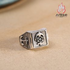 画像3: Antique Jewelry S925 シルバー製 アンカー＆十字薔薇デザイン コンパスモチーフ オープンリング パンク ヴィンテージ (3)