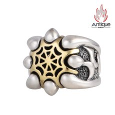 画像1: Antique Jewelry S925 シルバー ゴールド調スパイダーウェブ ワイドオープンリング メンズ 重厚感 ヴィンテージゴシック (1)