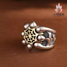 画像2: Antique Jewelry S925 シルバー ゴールド調スパイダーウェブ ワイドオープンリング メンズ 重厚感 ヴィンテージゴシック (2)