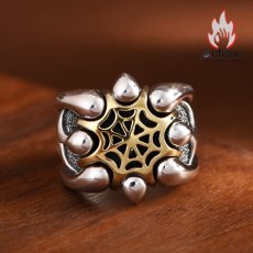 画像3: Antique Jewelry S925 シルバー ゴールド調スパイダーウェブ ワイドオープンリング メンズ 重厚感 ヴィンテージゴシック (3)