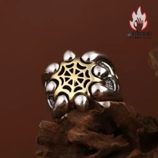 画像4: Antique Jewelry S925 シルバー ゴールド調スパイダーウェブ ワイドオープンリング メンズ 重厚感 ヴィンテージゴシック (4)