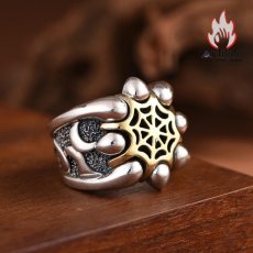 画像7: Antique Jewelry S925 シルバー ゴールド調スパイダーウェブ ワイドオープンリング メンズ 重厚感 ヴィンテージゴシック (7)