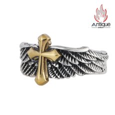 画像1: Antique Jewelry S925 シルバー ゴールド調クロスフェザーリング 天使の羽デザイン ユニセックス オープンリング (1)