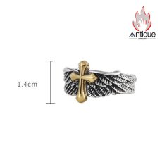 画像13: Antique Jewelry S925 シルバー ゴールド調クロスフェザーリング 天使の羽デザイン ユニセックス オープンリング (13)