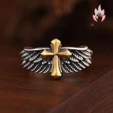 画像2: Antique Jewelry S925 シルバー ゴールド調クロスフェザーリング 天使の羽デザイン ユニセックス オープンリング (2)