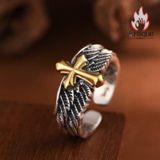 画像3: Antique Jewelry S925 シルバー ゴールド調クロスフェザーリング 天使の羽デザイン ユニセックス オープンリング (3)