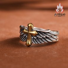 画像4: Antique Jewelry S925 シルバー ゴールド調クロスフェザーリング 天使の羽デザイン ユニセックス オープンリング (4)