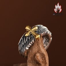 画像5: Antique Jewelry S925 シルバー ゴールド調クロスフェザーリング 天使の羽デザイン ユニセックス オープンリング (5)