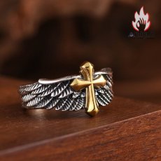 画像6: Antique Jewelry S925 シルバー ゴールド調クロスフェザーリング 天使の羽デザイン ユニセックス オープンリング (6)