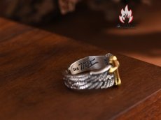 画像8: Antique Jewelry S925 シルバー ゴールド調クロスフェザーリング 天使の羽デザイン ユニセックス オープンリング (8)