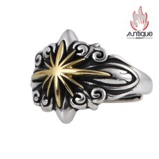 画像1: Antique Jewelry S925 シルバー製 精密加工 十字薔薇 太陽光デザイン ゴールド調 メンズヴィンテージリング (1)