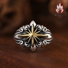 画像2: Antique Jewelry S925 シルバー製 精密加工 十字薔薇 太陽光デザイン ゴールド調 メンズヴィンテージリング (2)