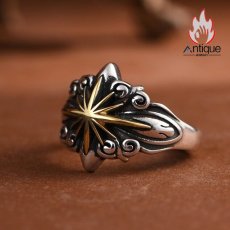 画像6: Antique Jewelry S925 シルバー製 精密加工 十字薔薇 太陽光デザイン ゴールド調 メンズヴィンテージリング (6)