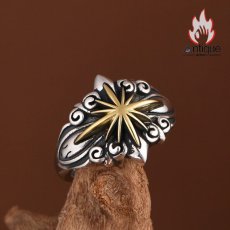 画像7: Antique Jewelry S925 シルバー製 精密加工 十字薔薇 太陽光デザイン ゴールド調 メンズヴィンテージリング (7)