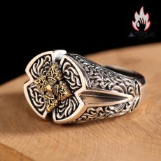 画像2: Antique Jewelry S925 シルバー 精巧メンズオープンリング ゴールド調金剛杵デザイン ヴィンテージゴシック (2)
