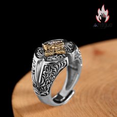 画像5: Antique Jewelry S925 シルバー 精巧メンズオープンリング ゴールド調金剛杵デザイン ヴィンテージゴシック (5)